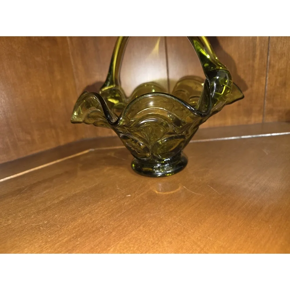 Vintage Olive Green Glass Basket Handle Glass Ruffle Rim Vintage